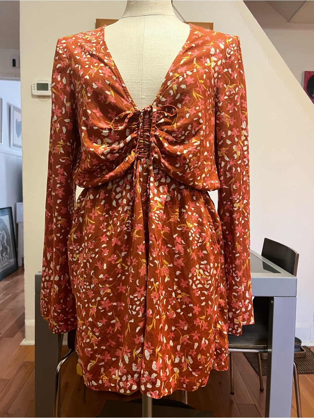 ROXY - Rust Floral Tie-Front Long Sleeve Romper/Jumpsuit with Pockets